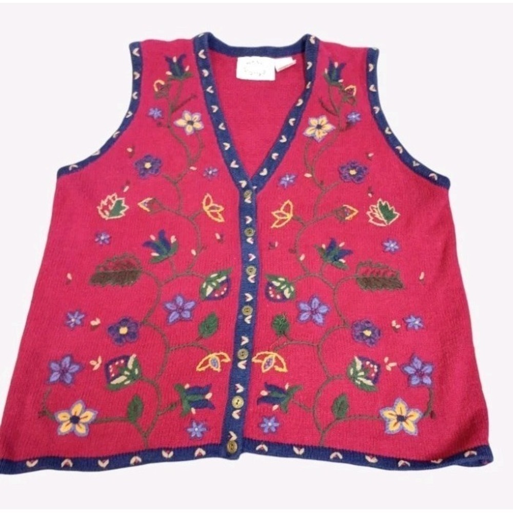 Red and Blue Flower Embroidered Sweater Vest Erika II Size 3X Cottagecore